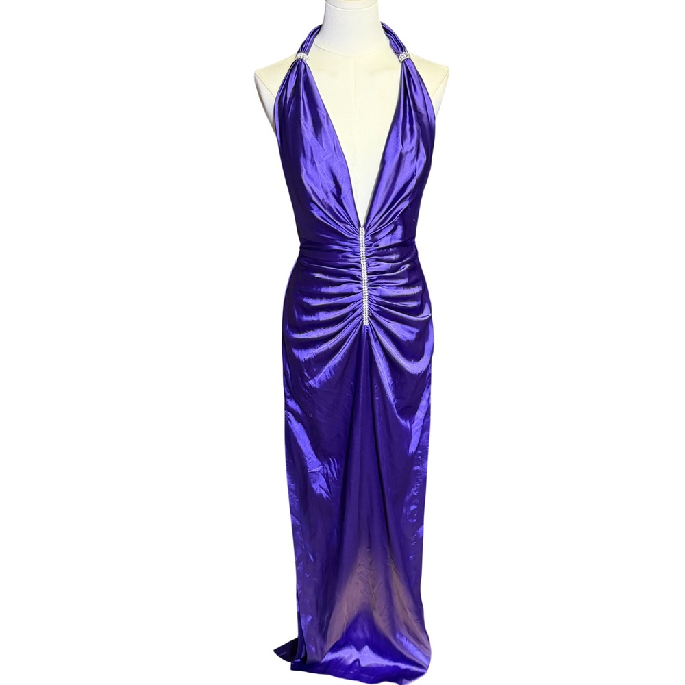 Cinderella Divine Purple Satin Rhinestone Halter Formal Maxi Dress Size L